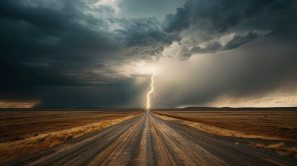 Naklejka premium dramatic storm with dark clouds and lightning strikes over deserted road creates intense atmosphere. vast landscape enhances feeling of isolation and power of nature