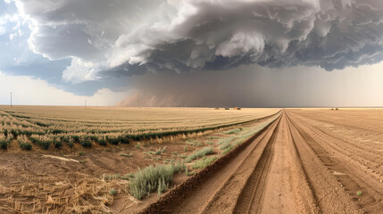 Intense storm brewing over desert landscape with dark clouds and dirt road leading into horizon. scene captures dramatic contrast between storm and arid surroundings