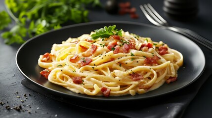 Pasta carbonara with bacon served in a dark plate with a fork on a dark background. Dark plate with italian foods. Ultra realistic. Photorealistic