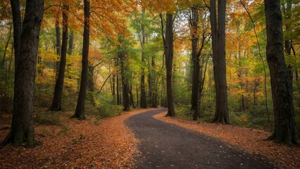 Fototapeta premium Autumn path through forest trees with fall leaf color and leaves on the ground