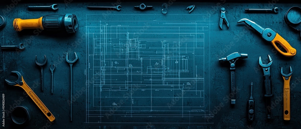 Aufkleber tools and blueprints arranged on a foggy workbench, showcasing craftsmanship and engineering design.