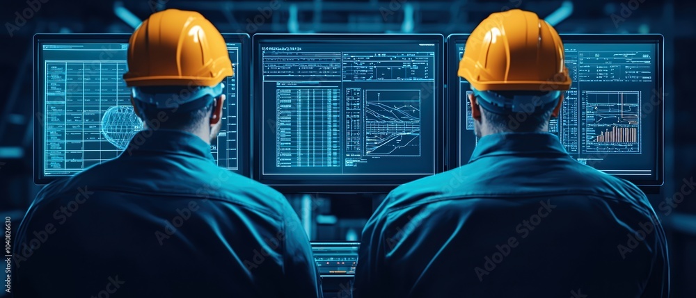 Poster two engineers in hard hats analyzing data on digital screens in a modern industrial setting.