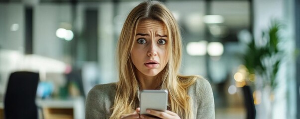 A businesswoman dealing with workplace anxiety, pacing in the office while clutching her phone