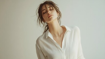 Fototapeta premium Woman in a white linen shirt. 