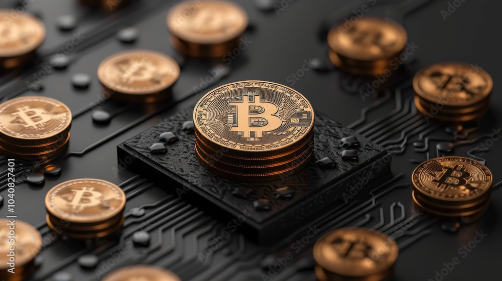 Poster digital currency coins are arranged on circuit board, symbolizing innovation in secure decentralized