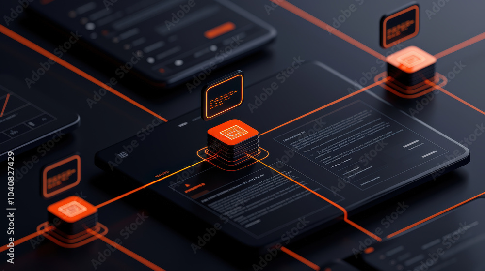 Poster digital interface showcasing blockchain network concept with secure data transmission. design featur