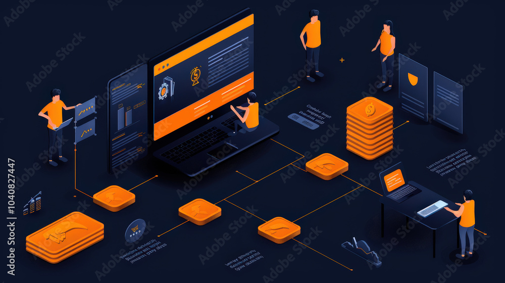 Poster digital illustration depicting blockchain network concept with secure transactions and data flow. vi