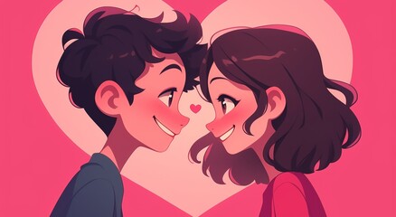 Adorable Cartoon Couple Smiling Within a Heart Frame: A Girl with Short Hair and a Boy with Long Curly Hair Against a Pink Background in a Romantic, Pastel-Toned Aesthetic.
