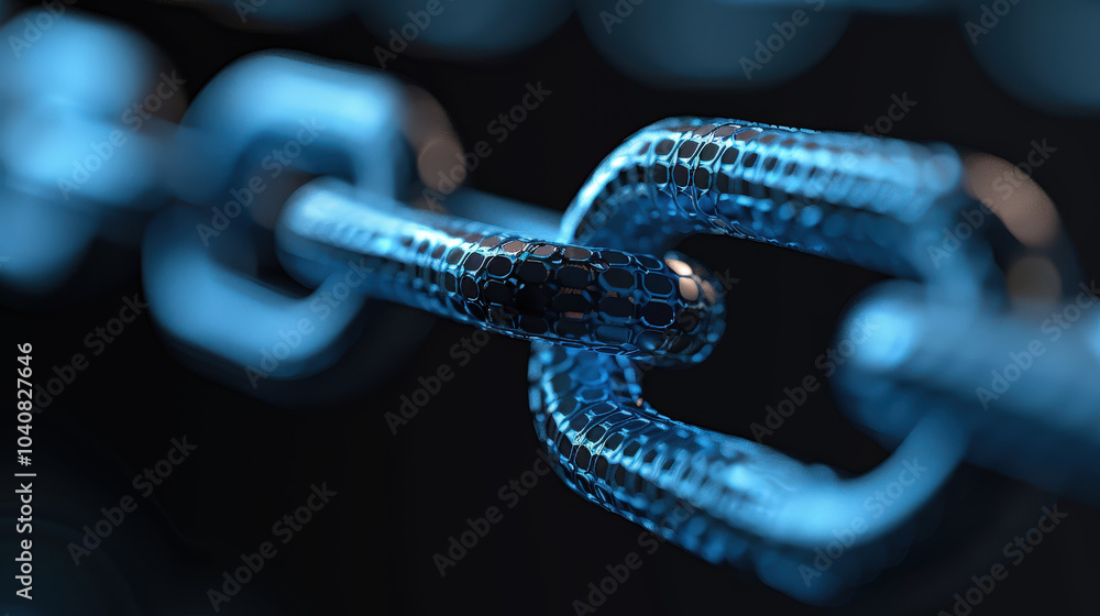 Poster close up view of blue, metallic chain link, showcasing its intricate design and texture. image highl