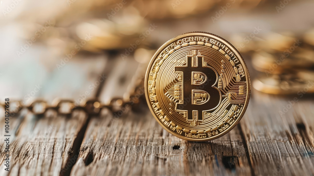 Aufkleber close up view of shiny bitcoin on rustic wooden surface, symbolizing digital currencys impact on fin