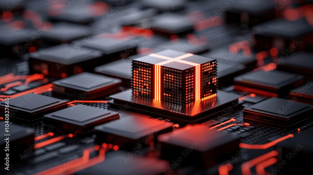 Poster image showcases close up view of futuristic microchip surrounded by network of circuit boards, illum