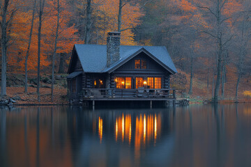 Obraz premium A small cabin with a fireplace and a chimney sits on a lake