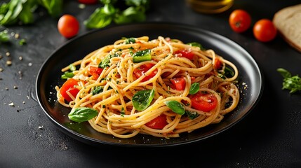 Pasta primavera with fresh vegetables served on a black plate. Dark plate with italian foods. Ultra realistic. Photorealistic 