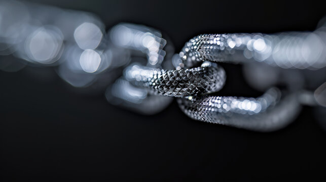 close up view of metallic chain link, showcasing its intricate texture and shine against dark background. image conveys strength and connectivity, emphasizing importance of secure links in various