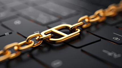 close up view of golden chain link resting on black keyboard, symbolizing connection between technology and security. This represents concept of blockchain technology