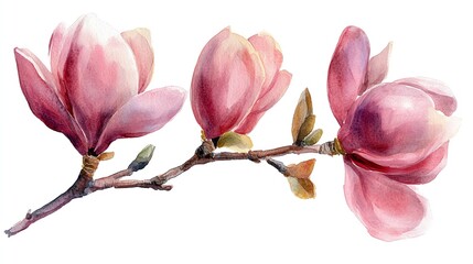 Fototapeta premium Watercolor painting of three pink magnolia flowers on a branch.