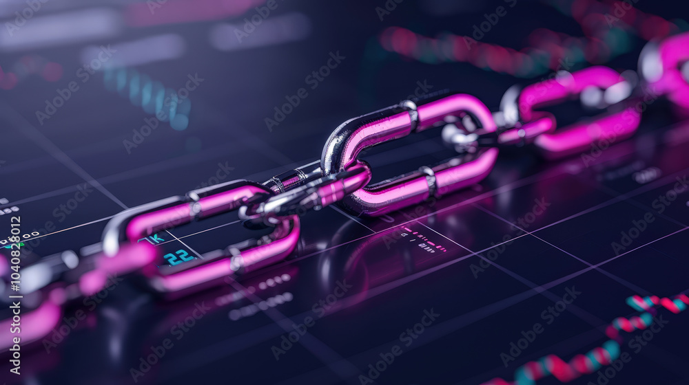 Poster close up view of metallic chain link against digital background, symbolizing blockchain technology a