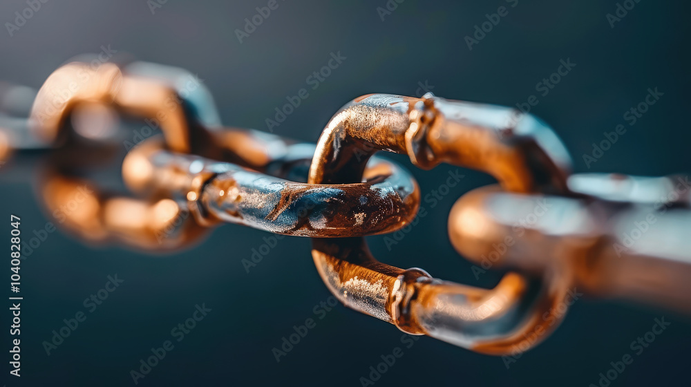 Poster close up view of metallic chain link, showcasing its texture and shine, symbolizes strength and conn