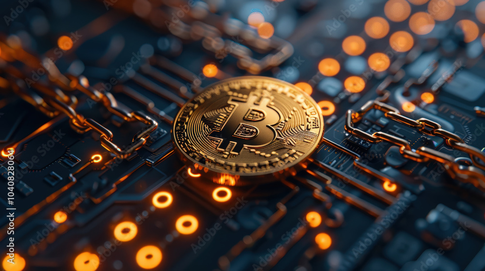 Poster golden bitcoin sits prominently on circuit board, symbolizing impact of blockchain technology on var