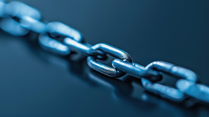 close up view of metallic blue chain link, showcasing its intricate details and smooth surface. image highlights strength and connectivity of chain, evoking sense of durability and reliability