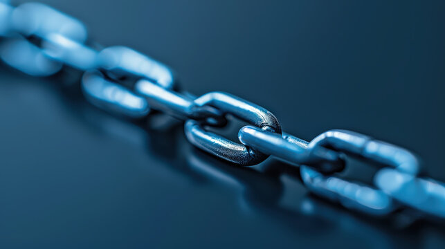 close up view of metallic blue chain link, showcasing its intricate details and smooth surface. image highlights strength and connectivity of chain, evoking sense of durability and reliability