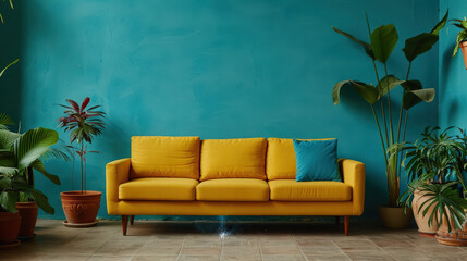 Bold yellow sofa with soft blue cushions creates vibrant focal point against teal wall, surrounded by lush green plants, adding refreshing touch to interior space