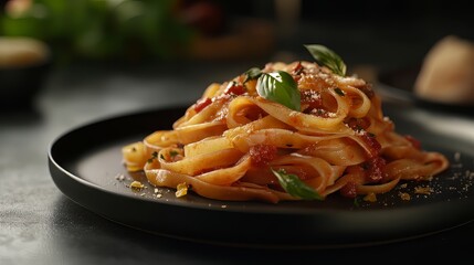 Fototapeta premium Pasta served on dark plate in restaurant. Dark plate with italian foods. Ultra realistic. Photorealistic 