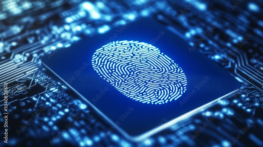 Poster data security and digital identity, fingerprint on computer chip symbolizing cyber protection