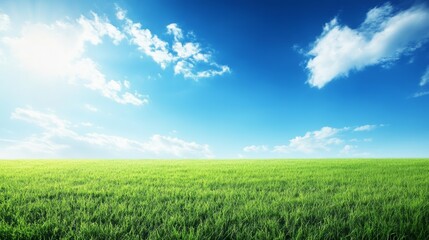 Obraz premium Serene landscape, expansive green field under a blue sky with fluffy white clouds