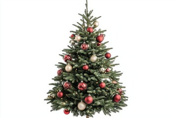 A beautifully decorated Christmas tree with traditional ornaments isolated against a clean white background during the holiday season