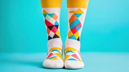 Colorful geometric-patterned socks against a vibrant turquoise background showcase fun and stylish fashion.