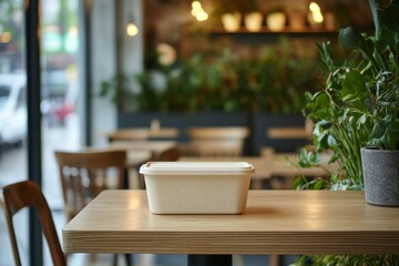 Fototapeta premium Eco-friendly bagasse food container on a wooden table in a green café with soft lighting and plants