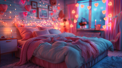 Interior of festive bedroom decorated with hearts for Valentine's Day celebration