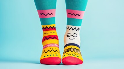 Colorful, playful socks in vibrant patterns, showcasing a fun design with cheerful colors and quirky faces against a bright blue background.