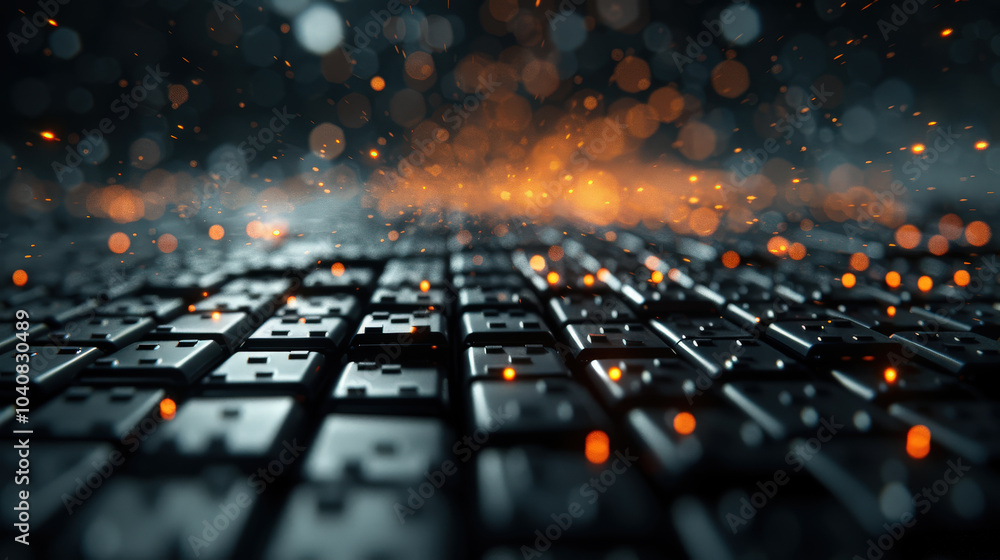 Poster mesmerizing scene of glowing sparks illuminating dark surface of keyboard keys, creating captivating