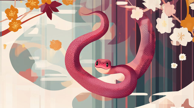 chinese new year snake.oyfully Welcoming luner new Year event, The content of the work is positive and uplifting, fully embodying the theme of a red and gold cute snake. japanese style