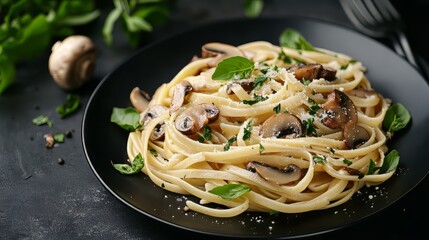 Pasta with mushrooms and fresh herbs on a black plate with dark background. Dark plate with italian foods. Ultra realistic. Photorealistic 