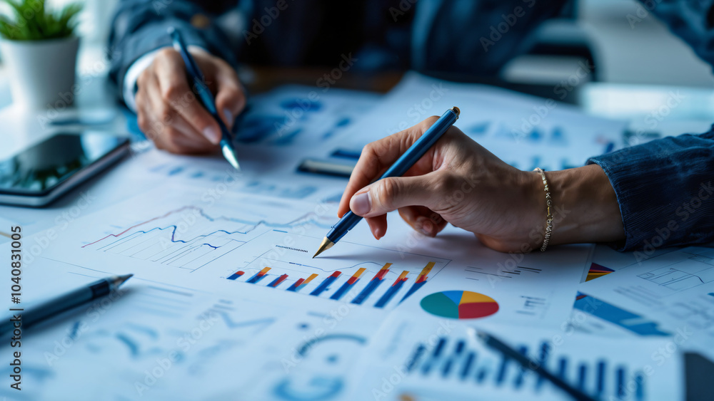 Poster engaging in detailed data analysis and collaboration in a professional workspace setting