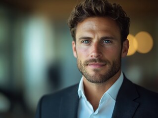 Confident young man in a suit with a charming smile and a blurred background.