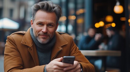 Smiling man in a brown coat using a smartphone in a cozy cafe setting.