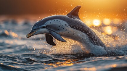 Fototapeta premium Dolphin leaping gracefully over water at sunset.