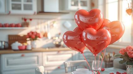 Interior of light kitchen with heart-shaped balloons and bouquet of roses on dining table. Valentine's Day celebration