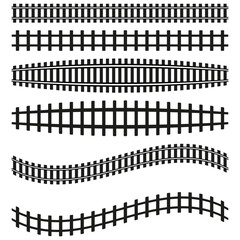 Railroad track set. Wavy railway lines. Vector transportation icons. Curved track elements.