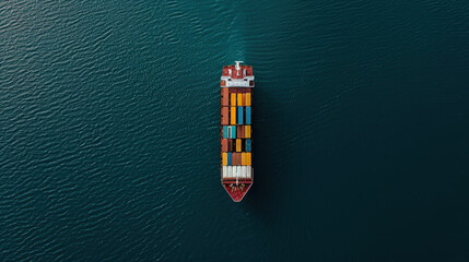 cargo ship moving through calm blue waters, showcasing vibrant array of containers on its deck. serene environment highlights ships journey across tranquil sea