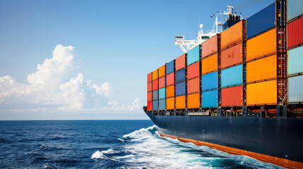 cargo ship navigating across vast ocean, showcasing colorful containers against clear blue sky. scene evokes sense of adventure and global trade