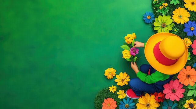 Kid planting flowers in a garden flat design top view gardening theme water color vivid