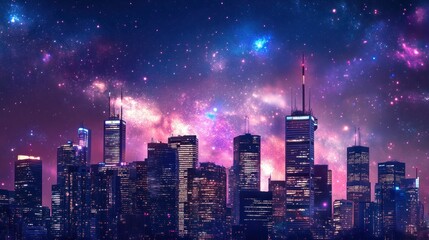 A vibrant city skyline under a starry night sky with a cosmic glow.
