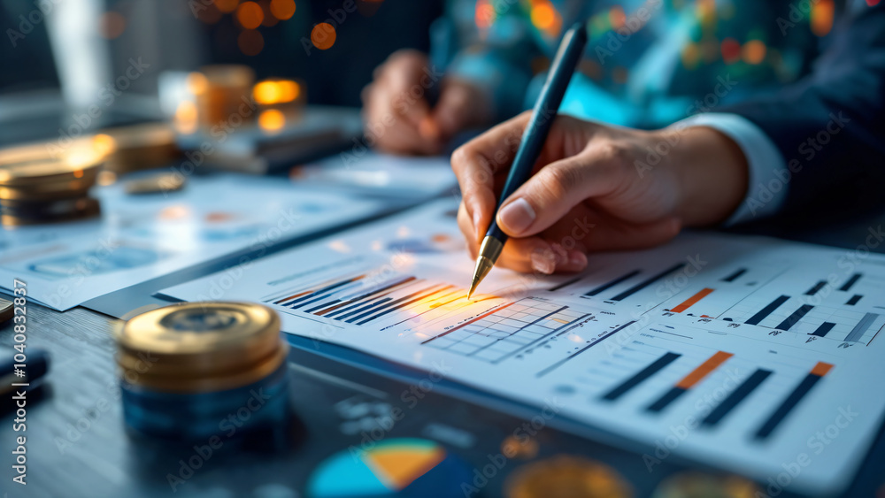 Poster illuminating data insights: a close-up examination of charts and graphs on paper