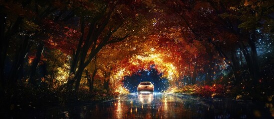 A car drives through an autumnal forest tunnel at night, the trees illuminated by streetlights and headlights, casting a warm glow on the wet pavement.