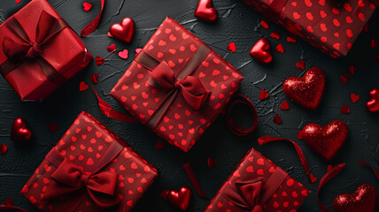 Valentines Day gifts with red hearts on red table. Top view, flat lay.